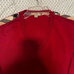 Burberry Red V-Neck Sweater with Check Detail